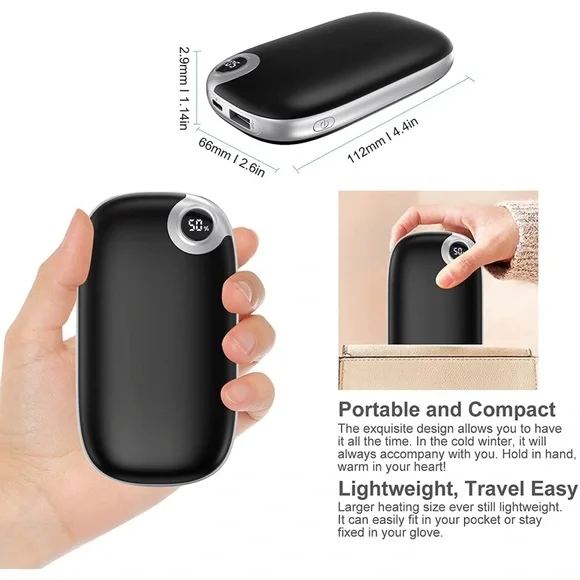 Rechargeable 2 in 1 Portable Travel Pocket Hand Warmer and Power Bank Black